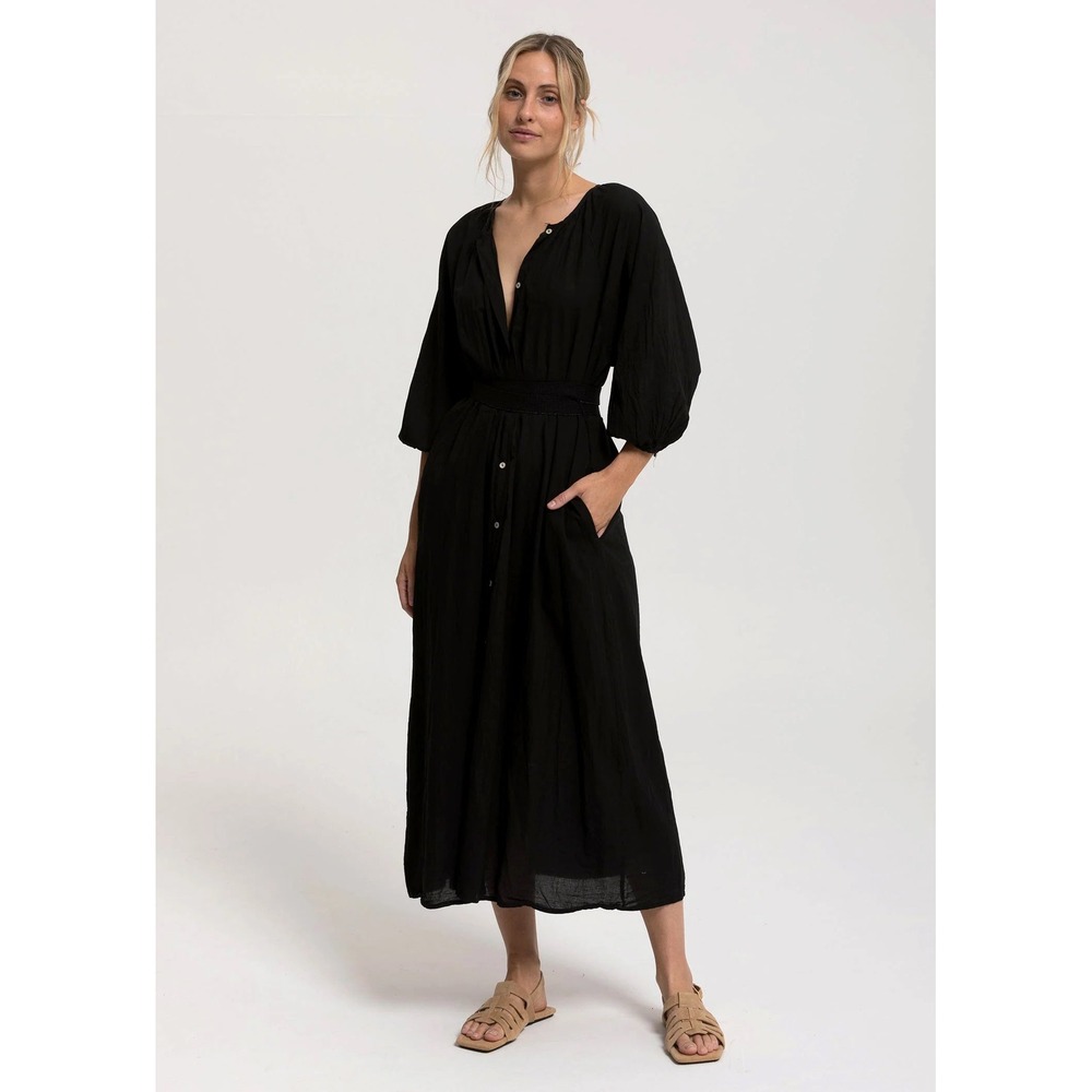Cali Dreaming Rhythm Sunchaser Midi Dress Black Shirt Dress Balloon Sleeve
